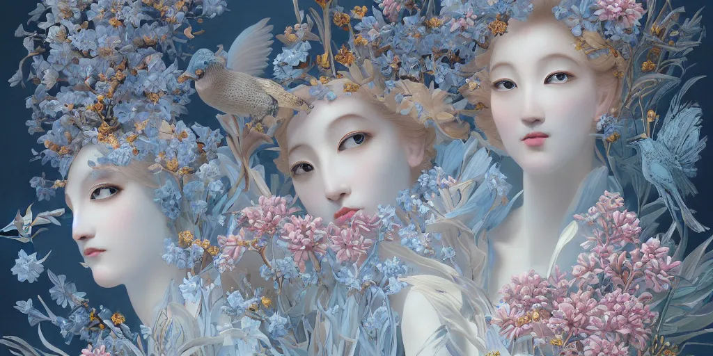 Image similar to breathtaking detailed concept art painting art deco pattern of blonde faces goddesses amalmation light - blue flowers with anxious piercing eyes and blend of flowers and birds, by hsiao - ron cheng and john james audubon, bizarre compositions, exquisite detail, extremely moody lighting, 8 k