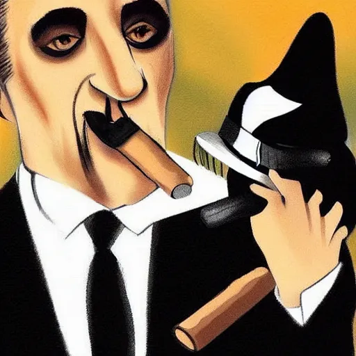Prompt: mafia gangster holding cigar in left hand, black cat in right hand realistic
