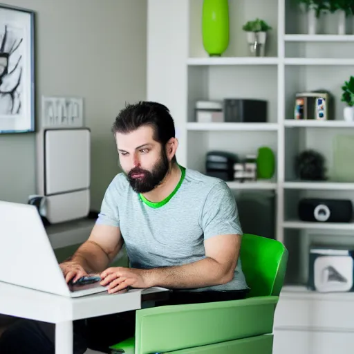 Image similar to caucasian man with green shirt sitting in front of computer with camera! mounted on top