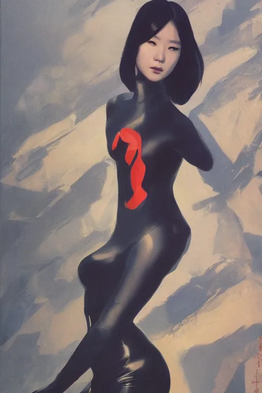 Image similar to Lee Jin-Eun by Vincent Di Fate, rule of thirds, seductive look, beautiful, in intergalactic hq
