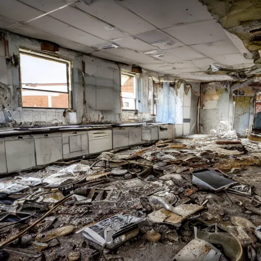 Image similar to HD photo of a 1990s office kitchen, abandoned for centuries, heavily soiled and debris-strewn.