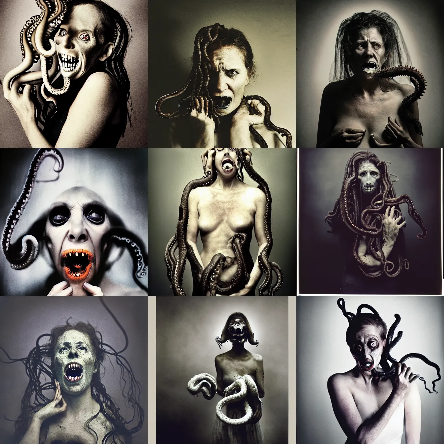 Prompt: disturbing portrait of a haunted mother driven to despair and madness holding an unspeakable lovecraftian eldritch horror of writhing tentacles and gaping maws full of razor - sharp fangs, studio lighting, soft glow, smoky, monochromatic photo by anne leibovitz