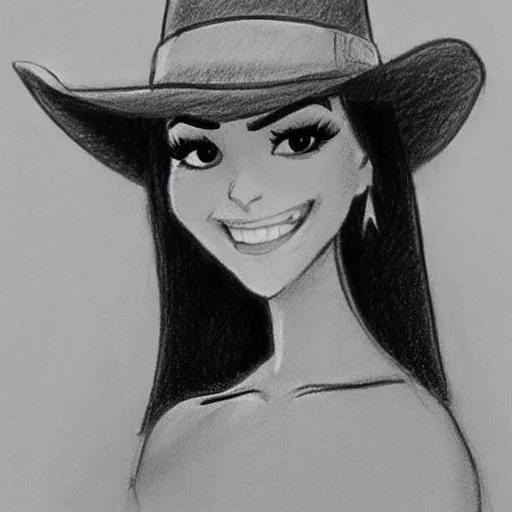 Image similar to milt kahl pencil sketch of victoria justice with a cowboy hat