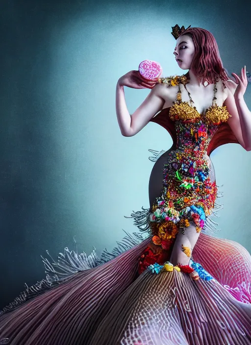 Image similar to expressive full body photo of anya taylor - joy, dress made of sweets and candies, glamour shot, by karol bak, stefan gesell, photorealistic, nikon d 4 x, fashion photography, hyper maximalist, elegant, ornate, luxury, elite, environmental portrait, symmetrical features, octane render, unreal engine, solid dark grey background, dramatic lights