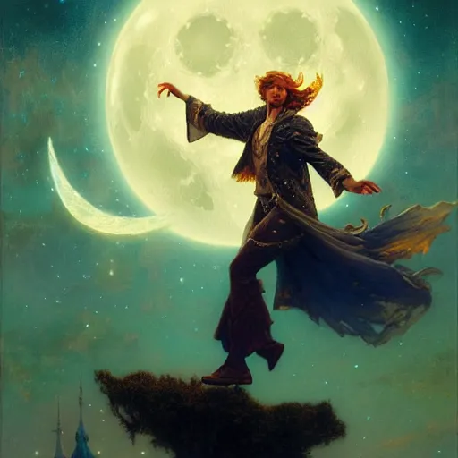 Prompt: attractive male wizard magically floating and flying high in the night sky, fantasy, full moon in background. highly detailed painting by gaston bussiere, craig mullins, j. c. leyendecker, mid shot, 8 k