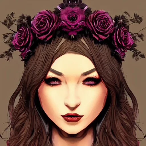 Prompt: beautiful dark goddess, black flower crown, stunning, trending on artstation, symmetrical
