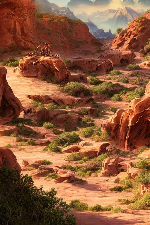 Image similar to beautiful utah desert, rock arcs, lush vegetation, landscape, alex ross, eddie mendoza, raphael lacoste, sebastian ludke, concept art, matte painting, highly detailed, rule of thirds, dynamic lighting, cinematic, detailed, magnificiant landscape, denoised, centerd