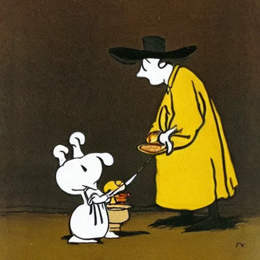 Image similar to moominpoppa with wide scared eyes holding and biting moomintroll, goya painting