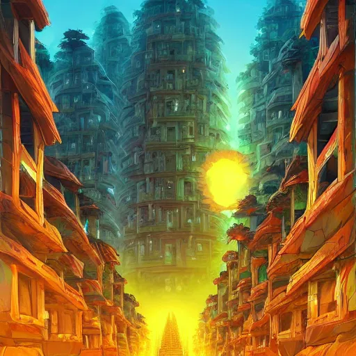 Image similar to street view of gigantic forest temple city at night by cyril rolando and naomi okubo and dan mumford and ricardo bofill