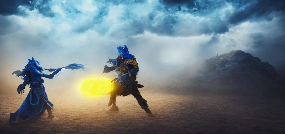 Prompt: a warrior in blue and yellow robes fighting a dark beast in a desert, detailed face, luminescent eyes, sunny weather, rendered in octane, realistic, 8 k, vivid, intricate, detailed, mist, fog, dramatic light