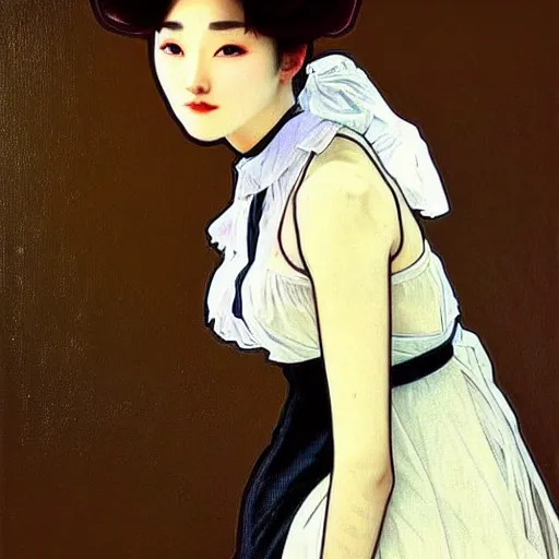 Prompt: full body painting of grumpy handsome thin beautiful young man in his 2 0 s named min - jun in a modest french female maid outfit, modern clothing, elegant, clear, painting, stylized, sharp facial features, pouty, highly detailed, art, art by alphonse mucha, trending on artstation,