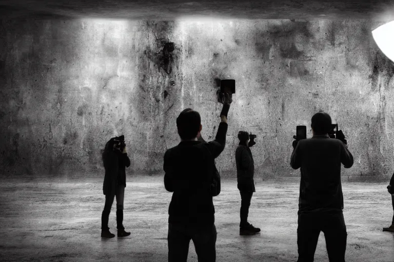 Image similar to photo of people taking pictures of an scp creature, eerie atmosphere, fear, mystery, dramatic, 8 k uhd