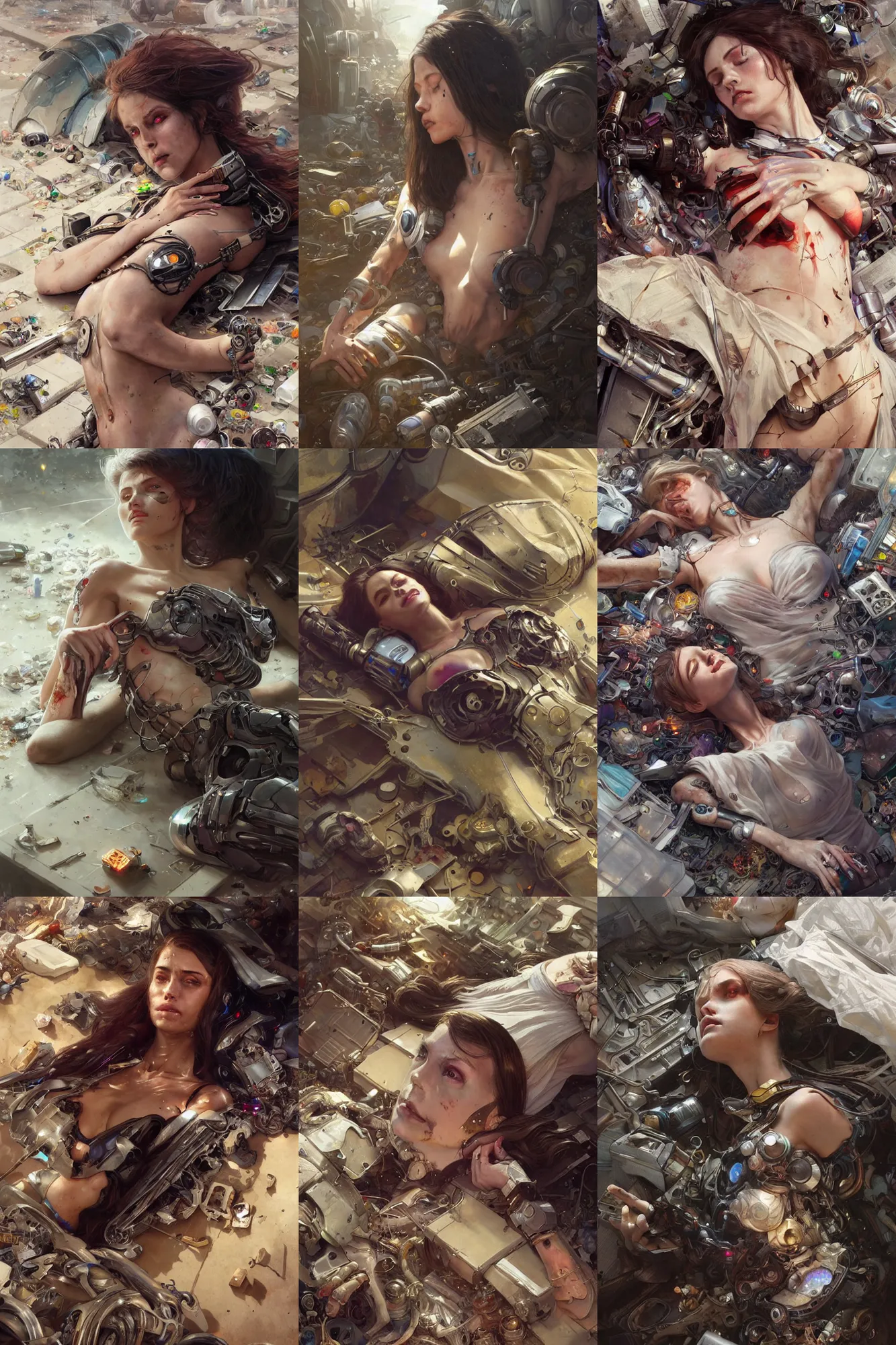 Prompt: Ultra realistic, dead cyborg woman lying among the garbage + beautiful dirty face, cyberpunk, sci-fi, fantasy, intricate, elegant, highly detailed, digital painting, artstation, concept art, smooth, sharp focus, illustration, art by artgerm and greg rutkowski and alphonse mucha