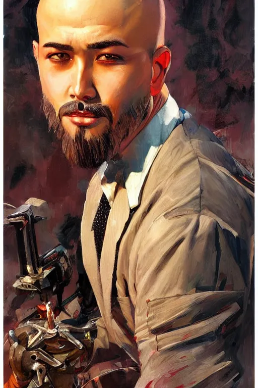 Image similar to beautiful gorgeous bald kazakh guy with a short beard, painted by tom lovell, alex malveda, greg staples