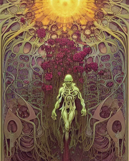 Image similar to the platonic ideal of flowers, rotting, insects and praying of cletus kasady carnage thanos davinci dementor wild hunt chtulu mandelbulb spirited away doctor manhattan bioshock, caustic, ego death, decay, dmt, psilocybin, concept art by alphonse mucha and greg rutkowski and zdzisław beksinski