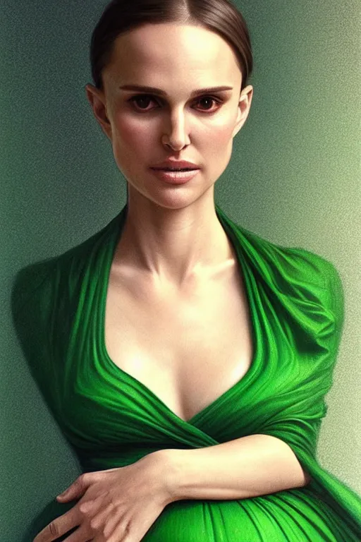 Image similar to pregnant natalie portman in a green dress, realistic portrait, symmetrical, highly detailed, digital painting, artstation, concept art, smooth, sharp focus, illustration, cinematic lighting, art by artgerm and greg rutkowski and alphonse mucha