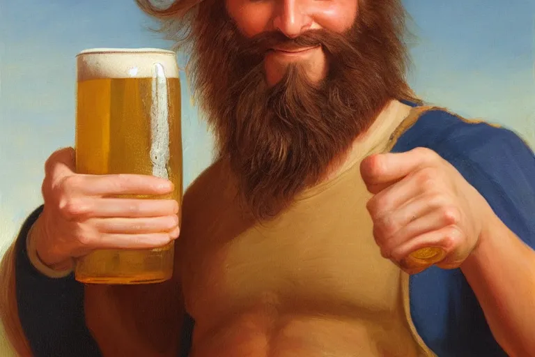 Image similar to a young man holding a beer giving a thumbs up with a long beard, detailed, uncropped, painted by Alex Horley