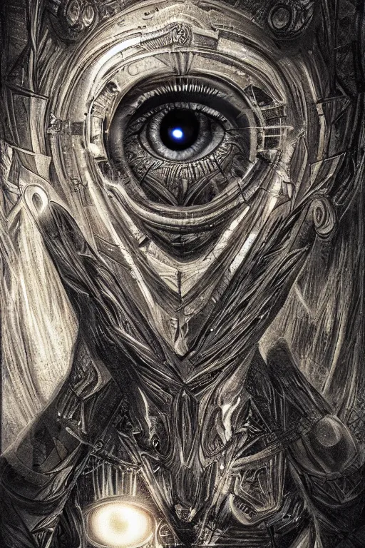 Prompt: the eye of the universe, illuminati as a person in the style of h. r. giger, goddess warrior, visionary art, cinematic lighting, realism, sharp details, cinematic, highly detailed, high quality print, fine art with subtle redshift rendering