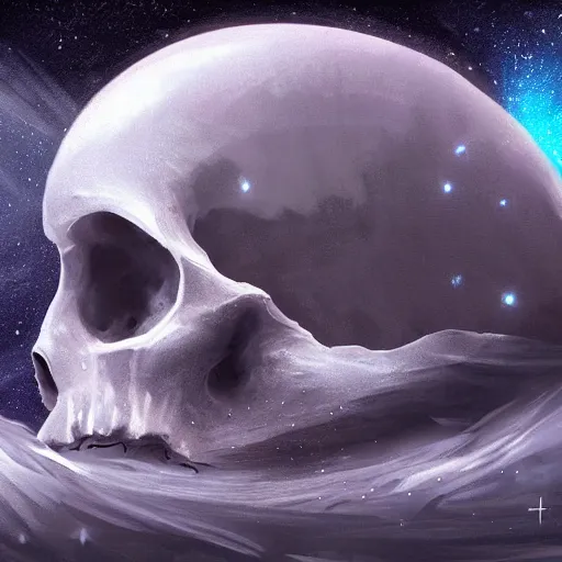 Image similar to a planet that resembles a skull, stars in the background, natural, ultra detail. digital painting, beautiful, concept art, ethereal, cinematic, epic, 8k, high detail, Artstation, illustration, Trending on Artstation, Artstation HQ, Artstation HD, deviant art, Pinterest, digital art,