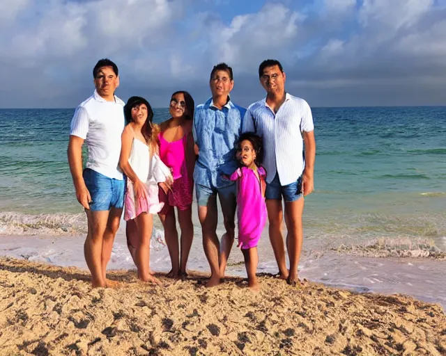 Image similar to happy father, mother, son, daughter, pose portrait on beach, realistic faces