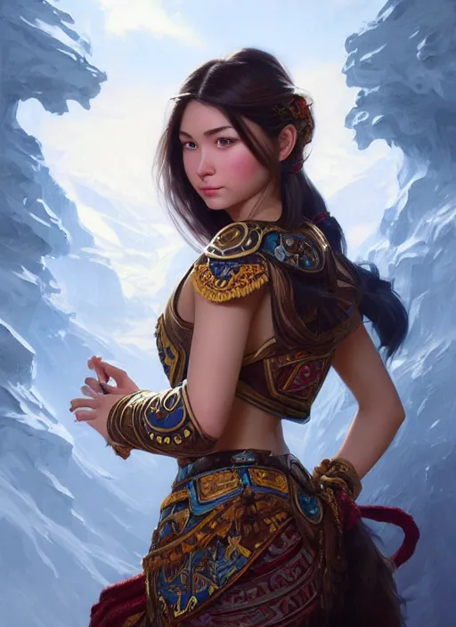 Image similar to portrait of russian mexican asian girl jodhpurs hyperborea lemuria, deep focus, d & d, fantasy, intricate, elegant, highly detailed, digital painting, artstation, concept art, matte, sharp focus, illustration, hearthstone, art by rhads by artgerm and greg rutkowski and alphonse mucha