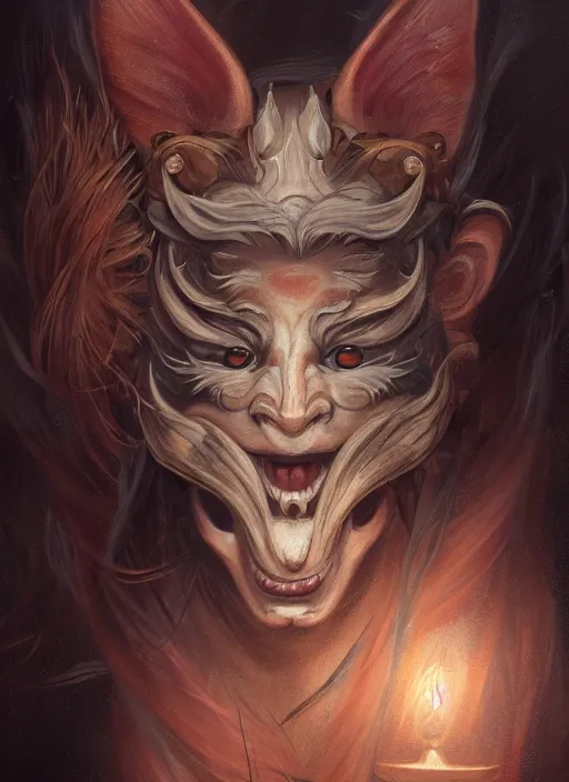 Image similar to a beautiful detailed oil on copper art illustration of a japanese oni kitsune mask shogun woman, the mask is broken, centered, by charlie bowater, zeng fanzh, trending on artstation, dim dusk lighting, cinematic lighting, detailed lighting, volumetric lighting, realistic, f 8, 4 k hd wallpaper