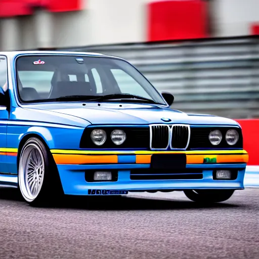 Image similar to a rolling shot of a modified bmw e 3 0 with lights on, on a street race track, motion blur, 3 0 0 mm photography, car photography, clean lines, realistic