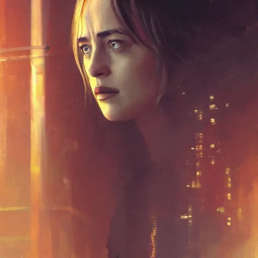 Image similar to dakota johnson, hyperrealistic portrait, bladerunner street, art of elysium by jeremy mann and alphonse mucha, fantasy art, photo realistic, dynamic lighting, artstation, poster, volumetric lighting, very detailed face, 4 k, award winning