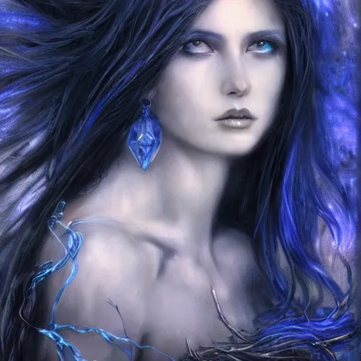 Prompt: masterpiece goddess of sorrow portrait, 3 0 years woman, melancholic face, long hair digital painting by louis royo and julie bell, dark tenebrous blue background, cinematic light, aura effect, some chaotic sparkles, wind, unreal engine, artstation, deviantart, pinterest