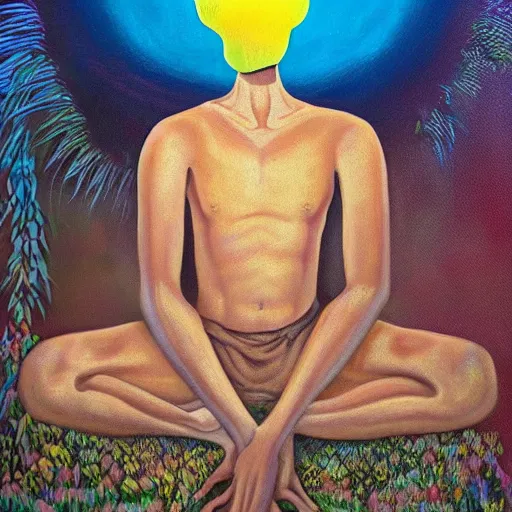 Image similar to a surreal painting of a golden faceless man during in a ayahuasca hallucination