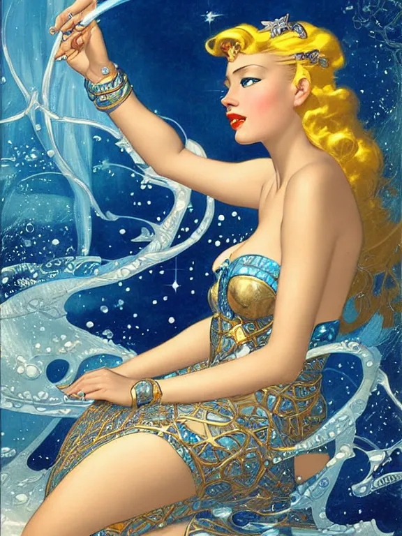 Image similar to princess kida the high queen of ancient atlantis, a beautiful art nouveau portrait by gil elvgren, beautiful underwater city environment, centered composition, defined features, golden ratio, silver jewelry, stars in her gazing eyes