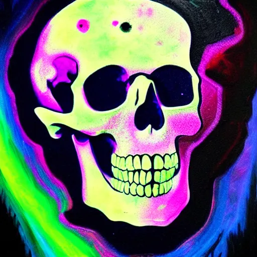 Image similar to human skull, trippy, glitch, paint dripping, miyazaki