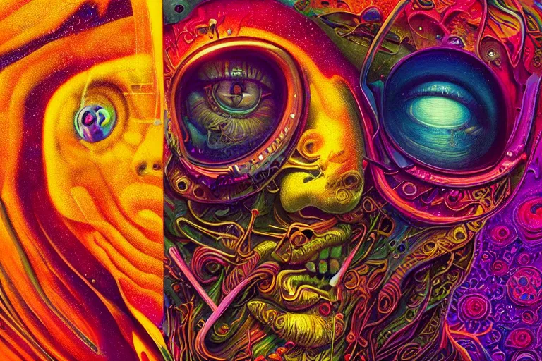 Image similar to An extremely psychedelic experience, colorful, surreal, dramatic lighting, cosmonaut, LSD, face, detailed, intricate, elegant, highly detailed, digital painting, artstation, concept art, smooth, sharp focus, hyper detailed golden ratio illustration, rich deep colors. masterpiec, Beksinski paintin, art by Sam Spratt, San Mumford, Artem Demura and Alphonse Mucha