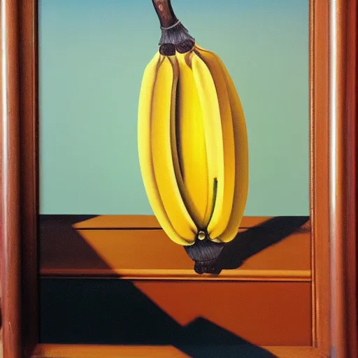 Prompt: banana in suit oil painting magritte