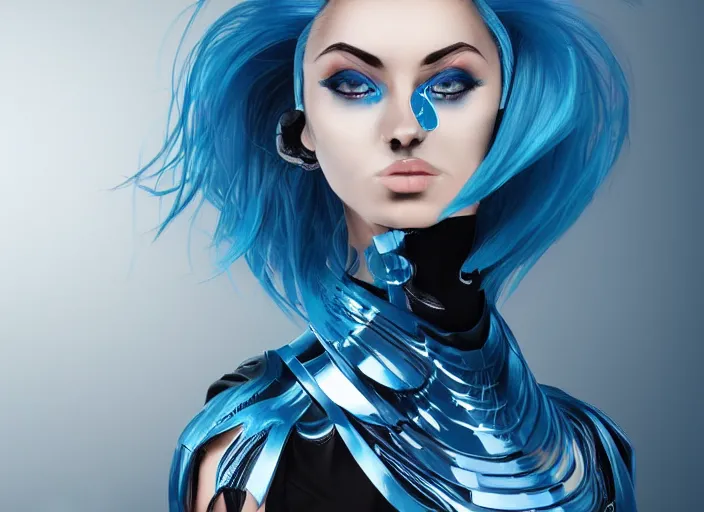 Image similar to a woman with blue hair wearing a futuristic outfit by hedi xandt, trending on behance, afrofuturism, futuristic, airbrush art, future tech