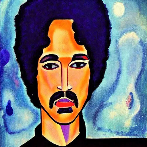 Prompt: a painting of prince in space in the style of modigliani. trending on artstation.