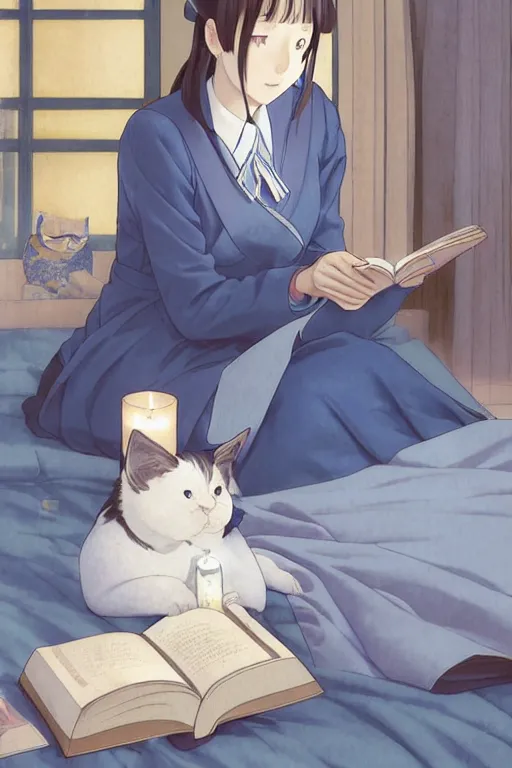 Image similar to a digital painting of a girl in Japanese high school uniform reading a book with a cat and candle in A comfortable bed room at midnight,blue and grey theme,JK uniform ,Hairdryer,blue theme,S line, by krenz cushart and mucha and range murata and greg rutkowski