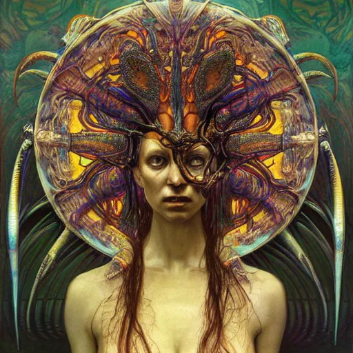 Image similar to alien high priestess by zdzisław beksinski, iris van herpen, raymond swanland and alphonse mucha. highly detailed, hyper - real, beautiful