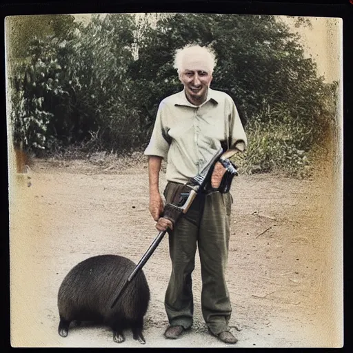 Image similar to old polaroid photo of an old man holding a rifle and standing proudly next to a giant capybara sleeping