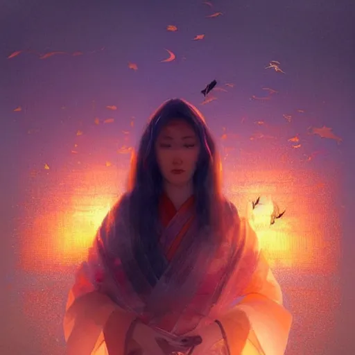 Image similar to beautiful geisha flying over a lake filed with molten gold, volume lighting, concept art, by greg rutkowski, dramatic, xray melting colors!!