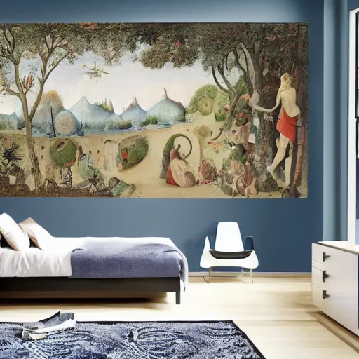 Image similar to a bedroom decorated with wall murals painted by bosch, 4 k