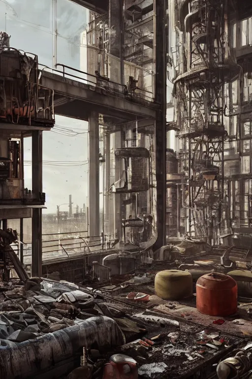 Image similar to an open - lan loft apartment with a panoramic view of a grim industrial landscape of cooling towers and rusted silos. inside, the apartment is fancy but filled with mess. extreme detail, artstation trending, artgerm, deviant art, octane, substance, art history 8 k