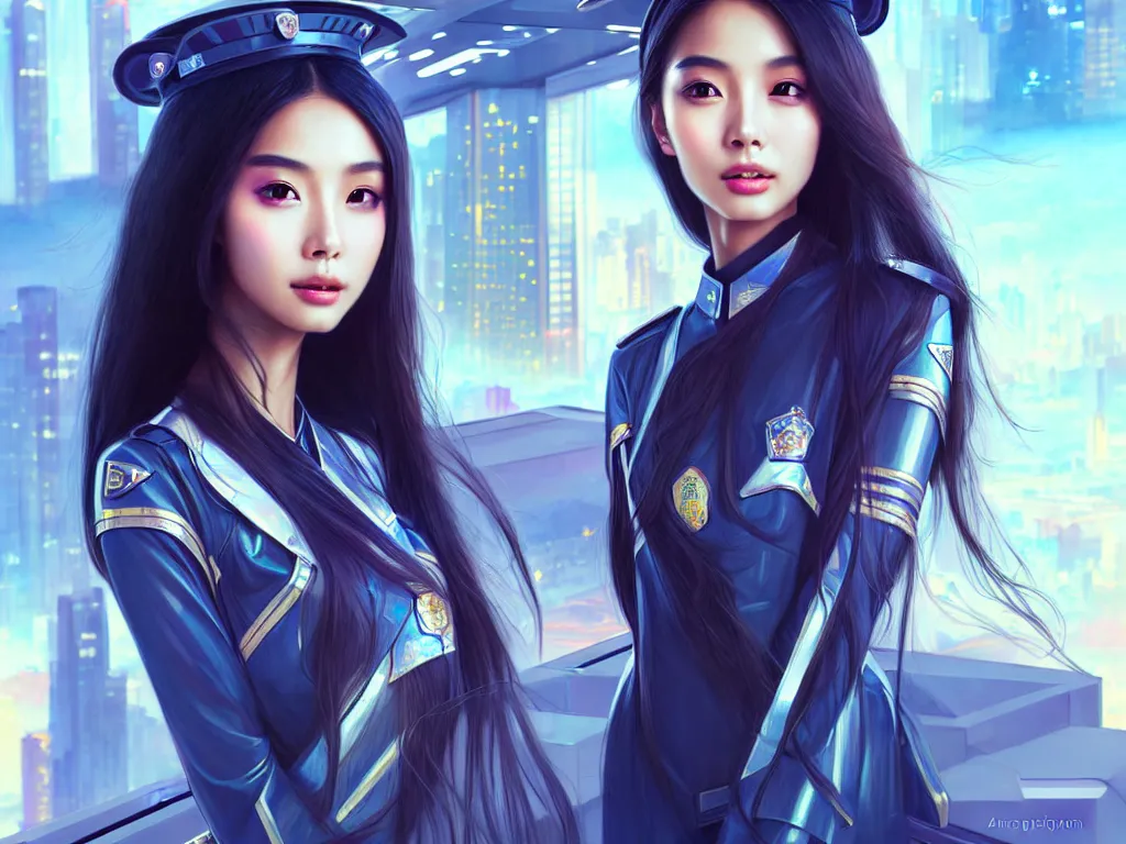 Image similar to portrait angelababy, futuristic hong kong police uniform girl, at future neon light rooftop, ssci - fi and fantasy, intricate and very very beautiful and elegant, highly detailed, digital painting, artstation, concept art, smooth and sharp focus, illustration, art by tan zi and ayanamikodon and alphonse mucha and wlop