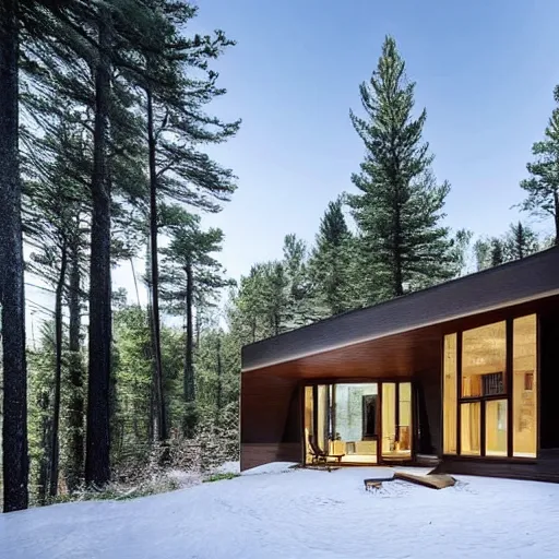 Image similar to a modern house in the woods. the house is the shape of a mobius strip with large picture windows. there are pine trees all around.