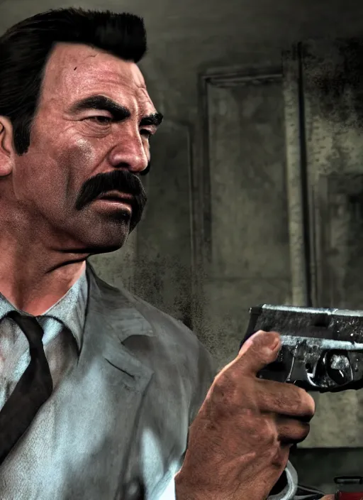 Image similar to film still of tom selleck as max payne in max payne 3, gameplay, 8 k, hd