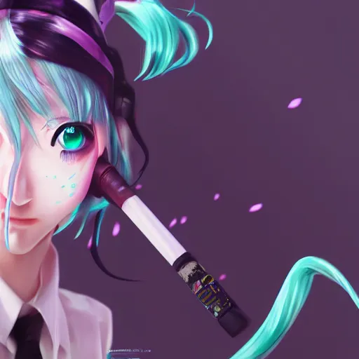 Image similar to hatsune miku smoking weed, smoke coming out of her mouth, bloodshot eyes, artstation, 4 k