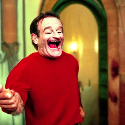 Image similar to robin williams makes the devil laugh, sinister lair, creepy hellscape, the devil os played by bill murray, saturated red skin, horns, photo