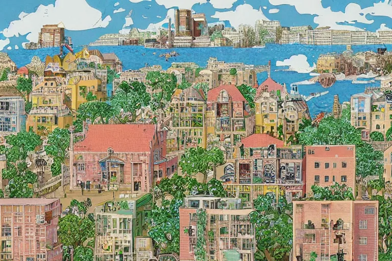 Prompt: an elaborate and dense painting of a peaceful neighborhood, detailed, made of alcohol ink on parchment and penned illustrations, by wes anderson and geoff darrow