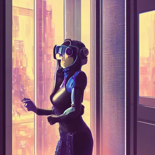 Prompt: portrait of cyberpunk woman looking out of a window, cyberpunk setting, futuristic, highly detailed, intricate lighting, digital painting, sharp focus, illustration, trending on artstation, art by makoto shinkai.
