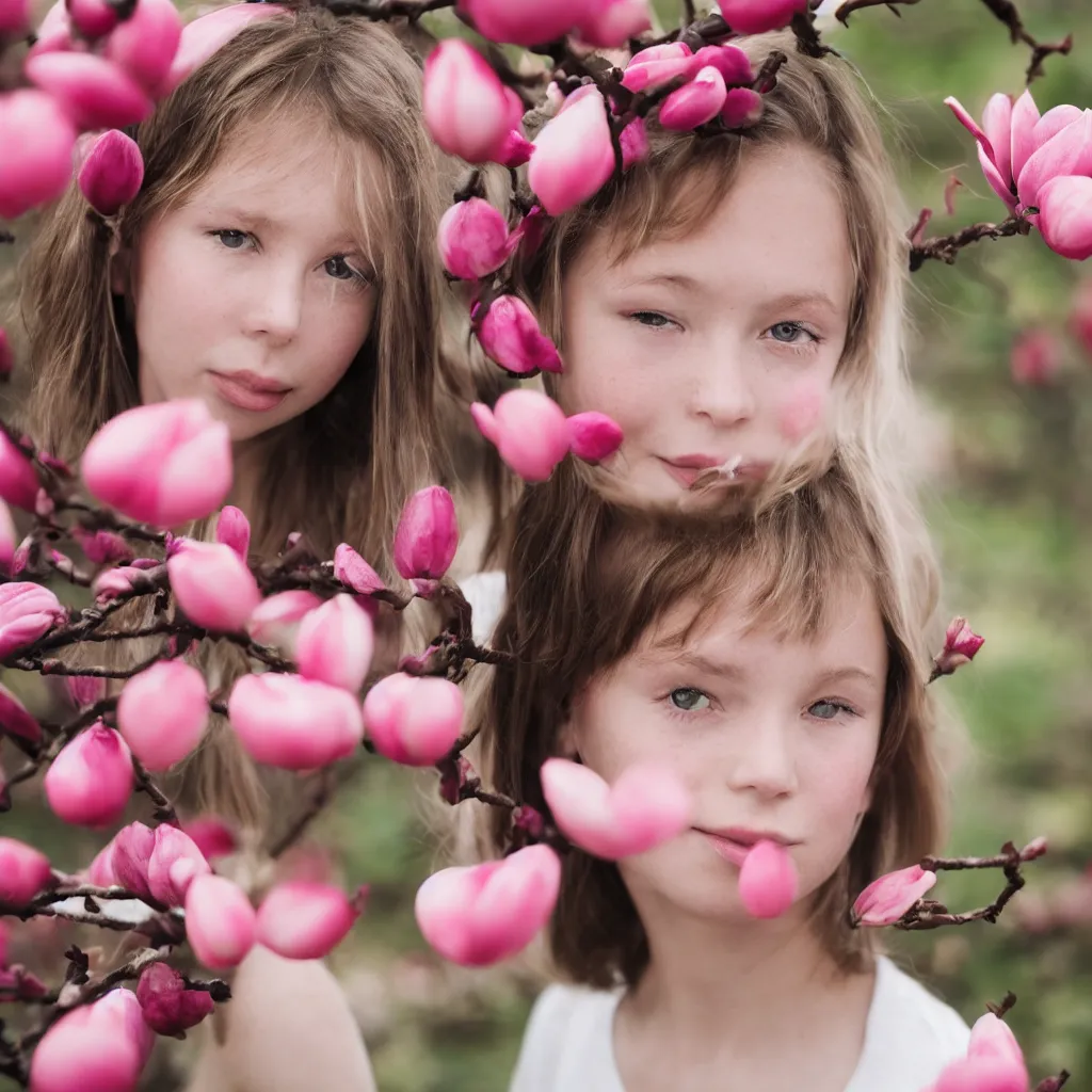 Image similar to a girl portrait with a magnolia near the face, 8 5 mm lens, bokeh